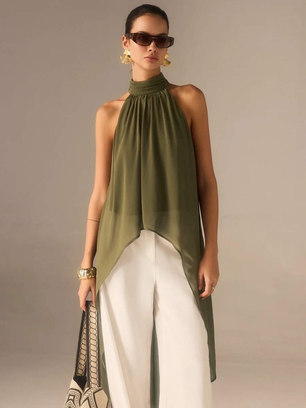 Commense Semi-Sheer Halter-Neck Chiffon Long Top